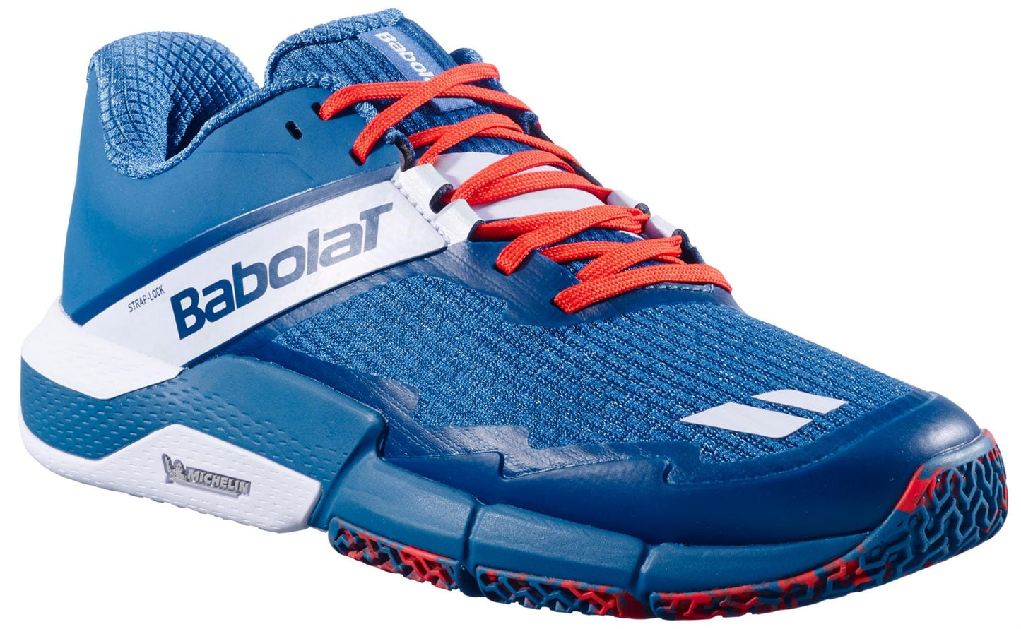 The Babolat Movea 2 Men’s Padel Shoes in Seaport/Cherry Tomato feature a blue base, red laces, white and dark blue accents, plus a side logo. With a patterned blue, white, and red sole, they’re ideal for top performance on court.