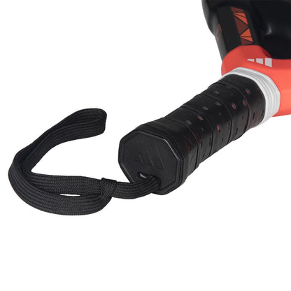 Close-up of the adidas Metalbone Superlight 2026 Padel Racket – Black / Red, highlighting its textured handle grip and black wrist strap, isolated on a white background.