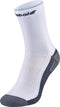 A single white Babolat Mid-Calf Padel Sock with black branding and gray accents on the toe and heel, slightly raised as if worn—perfect for padel.