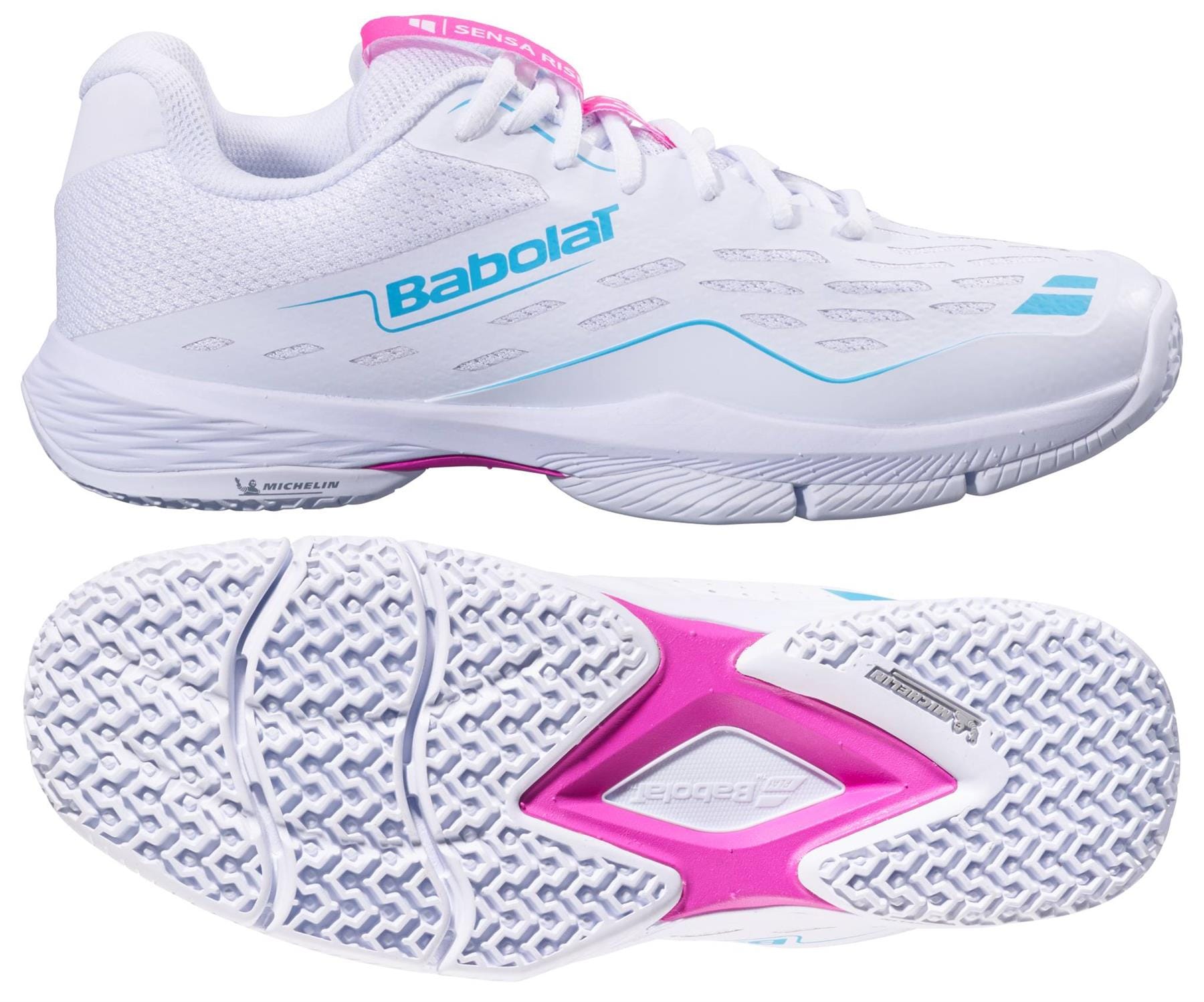 A pair of Babolat Sensa Rise Womens Padel Shoes in White/Rhodamine Red. The image shows a side view and the durable Michelin rubber sole with Babolat and Michelin branding.