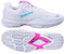 A pair of Babolat Sensa Rise Womens Padel Shoes in White/Rhodamine Red. The image shows a side view and the durable Michelin rubber sole with Babolat and Michelin branding.