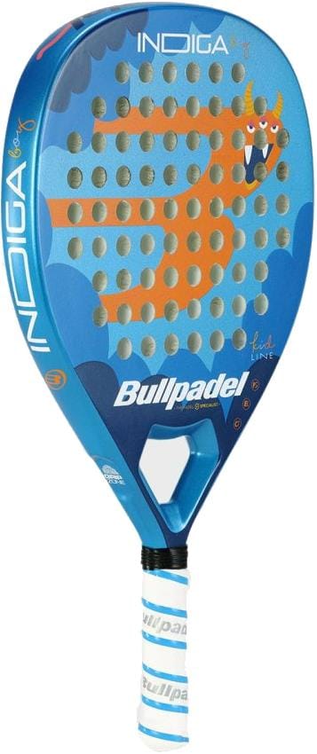 The Bullpadel INDIGA Junior Boys 2026 Padel Racket is a blue kids’ racket featuring a playful orange cartoon octopus, circular surface holes, a white handle grip, and fun design details. From the trusted brand Bullpadel.