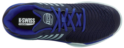 Top view of the K-Swiss Express Light 3 Men’s Padel Shoes in Naval Academy/Ice Castle/Dazzling Blue with white branding, blue laces, a padded collar, and “K-SWISS Padel” insole—offering comfort and style for padel courts.