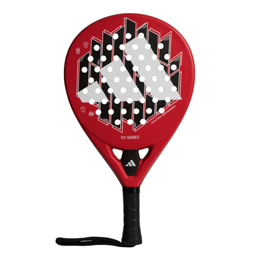 Close-up of the ADIDAS RX Series Padel Racket - Red featuring a black grip. The fiberglass construction displays a geometric design in black and white with three parallel stripes on the face, while its soft performance EVA rubber guarantees top-notch play. The handle is equipped with a wrist strap.