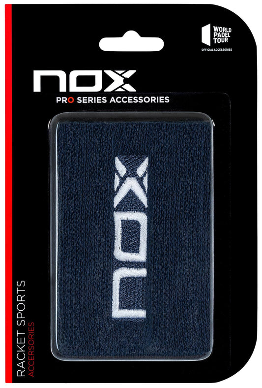 The NOX Padel Wristband - Blue / White features the NOX logo, is part of the PRO SERIES ACCESSORIES and WORLD PADEL TOUR OFFICIAL ACCESSORIES lines, and uses Balance Fresh technology for improved sweat isolation during racket sports.