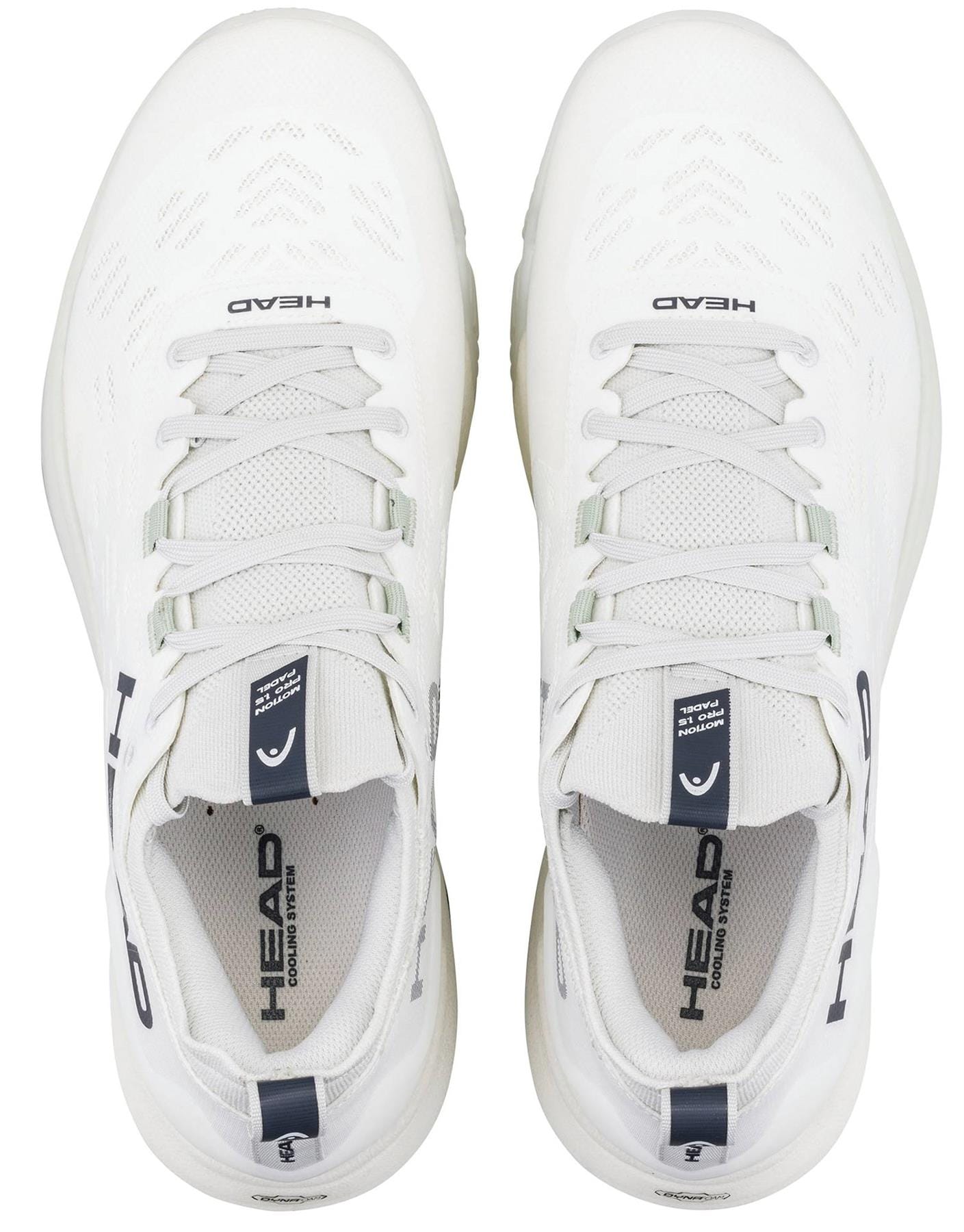 The HEAD Motion Pro 1.5 Mens Padel Shoes in white feature laces, a mesh-like upper, and HEAD branding on the tongue and side—ideal court shoes for padel enthusiasts seeking top performance.