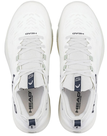 The HEAD Motion Pro 1.5 Mens Padel Shoes in white feature laces, a mesh-like upper, and HEAD branding on the tongue and side—ideal court shoes for padel enthusiasts seeking top performance.