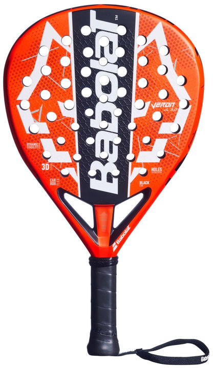 The Babolat Veron Juan Lebron 3.0 Padel Racket features a red and black design with geometric patterns, white logo, white holes on the face, black handle, and an attached wrist strap.