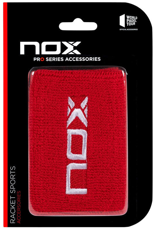 The NOX Padel Wristband - Red / White for racket sports comes in a black "NOX Pro Series Accessories" blister pack, features Balance Fresh sweat prevention, and displays the World Padel Tour logo in the top right corner.