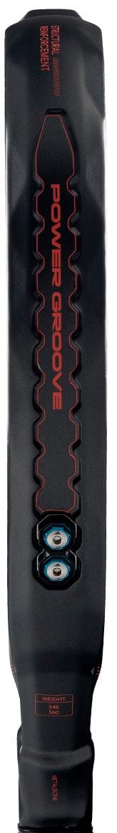 Close-up of a black archery limb with red "POWER GROOVE" text, center grooves, and adjustment bolts—precision reminiscent of the adidas Metalbone HRD+ by Ale Galán 2026 Padel Racket in black/red, with extra text and markings visible.