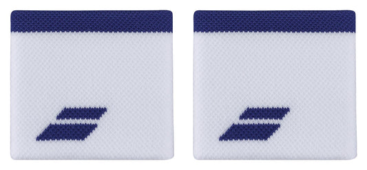 Product Description: Experience comfort with the Babolat Logo Padel Wristband in a stylish white and Sodalite Blue design. Each wristband is adorned with a dark blue stripe at the top and features an absorbent fabric. A distinctive zigzag-like, dark blue geometric logo is styled near the bottom, against a plain white background.