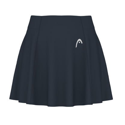 A navy pleated women's padel skort from HEAD, highlighting a small, stylized letter "A" logo on the right side, made with moisture transfer microfiber and integrated inner shorts to ensure ultimate comfort and performance.