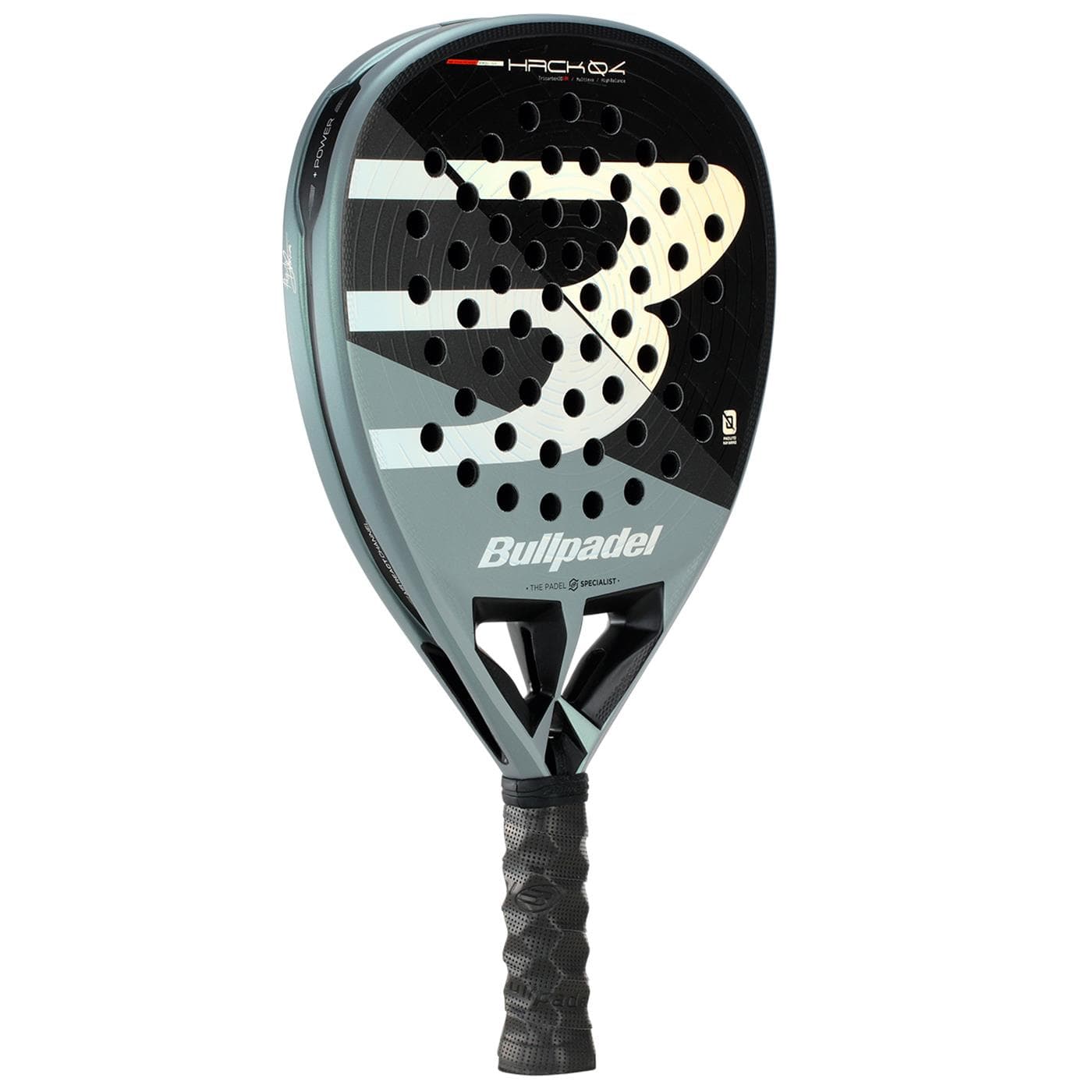 The Bullpadel HACK 04 2026 Padel Racket in black and grey from Bullpadel features a perforated head and textured grip for dynamic power, shown on a white background.