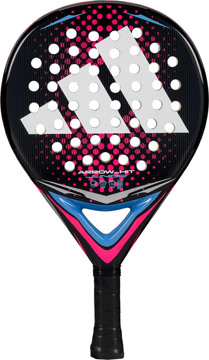The adidas Arrow Hit Junior White / Pink Padel Racket features a lightweight design, black grip tape, white perforated holes, blue throat details, and a bold white geometric logo on the face.