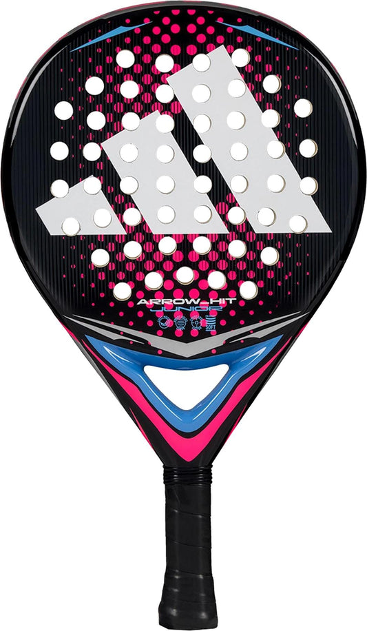 The adidas Arrow Hit Junior White / Pink Padel Racket features a lightweight design, black grip tape, white perforated holes, blue throat details, and a bold white geometric logo on the face.