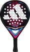 The adidas Arrow Hit Junior White / Pink Padel Racket features a lightweight design, black grip tape, white perforated holes, blue throat details, and a bold white geometric logo on the face.