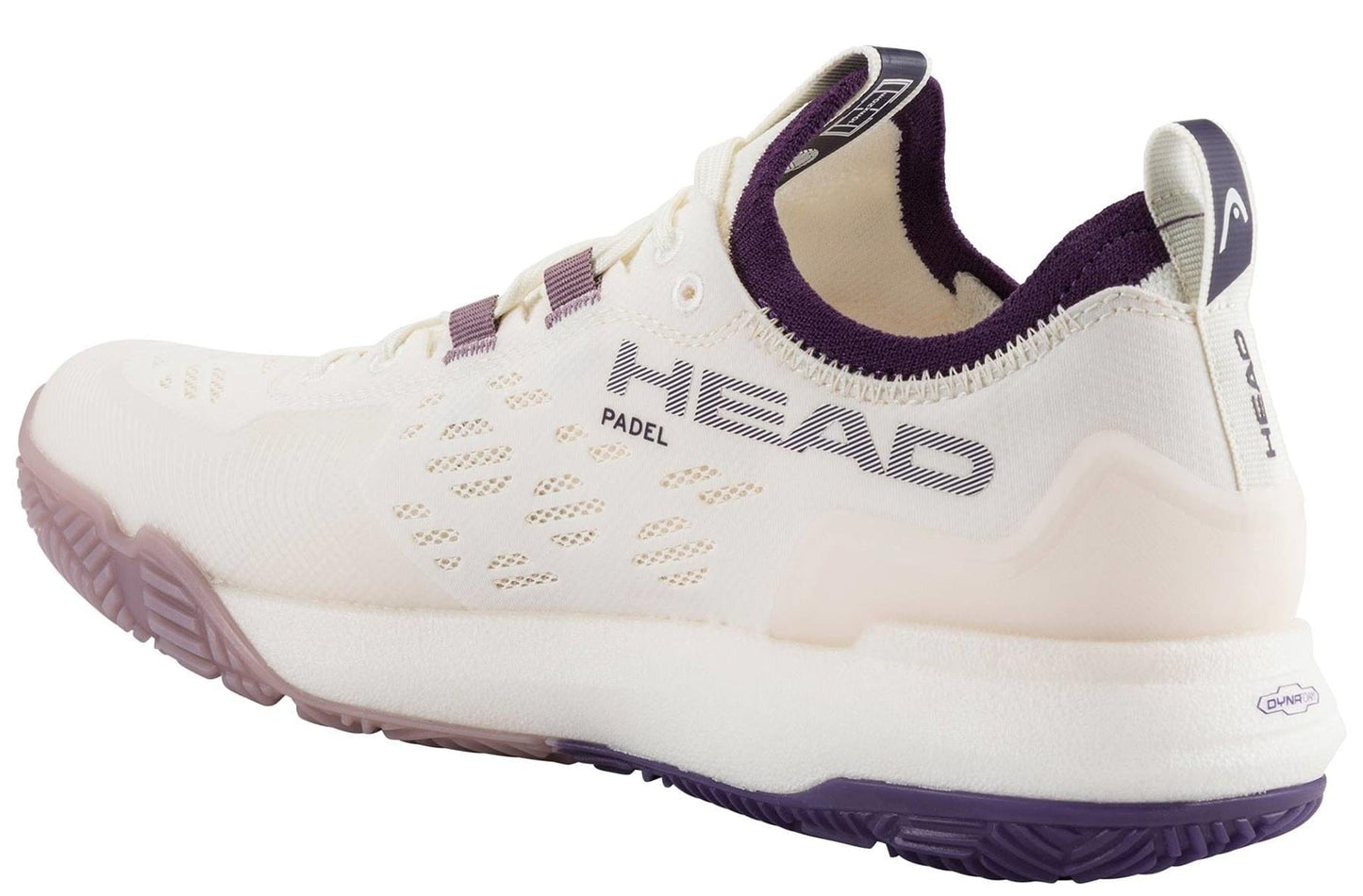 The HEAD Motion Pro 1.5 Womens Padel Shoes in Chalk White/Purple feature a mesh texture, cushioned sole, and rear "HEAD" branding—perfect for padel players who want comfort and style.