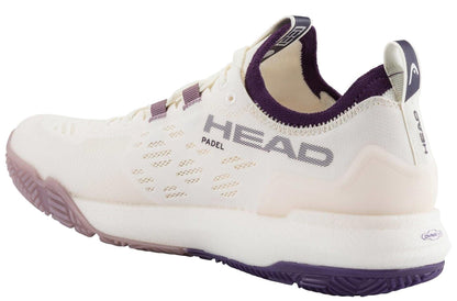The HEAD Motion Pro 1.5 Womens Padel Shoes in Chalk White/Purple feature a mesh texture, cushioned sole, and rear "HEAD" branding—perfect for padel players who want comfort and style.