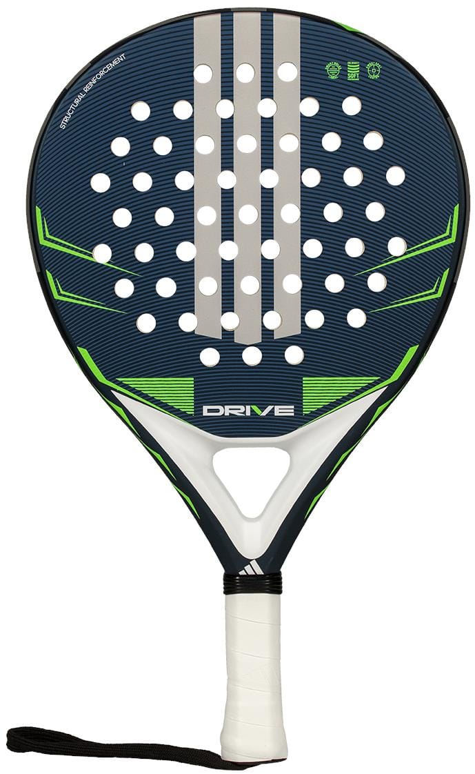 The adidas Drive Blue 2026 Padel Racket - Blue / Green features a fibreglass face in dark blue with green and white accents, white holes, a white grip, black wrist strap, and "DRIVE" near the handle—ideal for beginners.