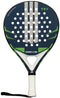The adidas Drive Blue 2026 Padel Racket - Blue / Green features a fibreglass face in dark blue with green and white accents, white holes, a white grip, black wrist strap, and "DRIVE" near the handle—ideal for beginners.