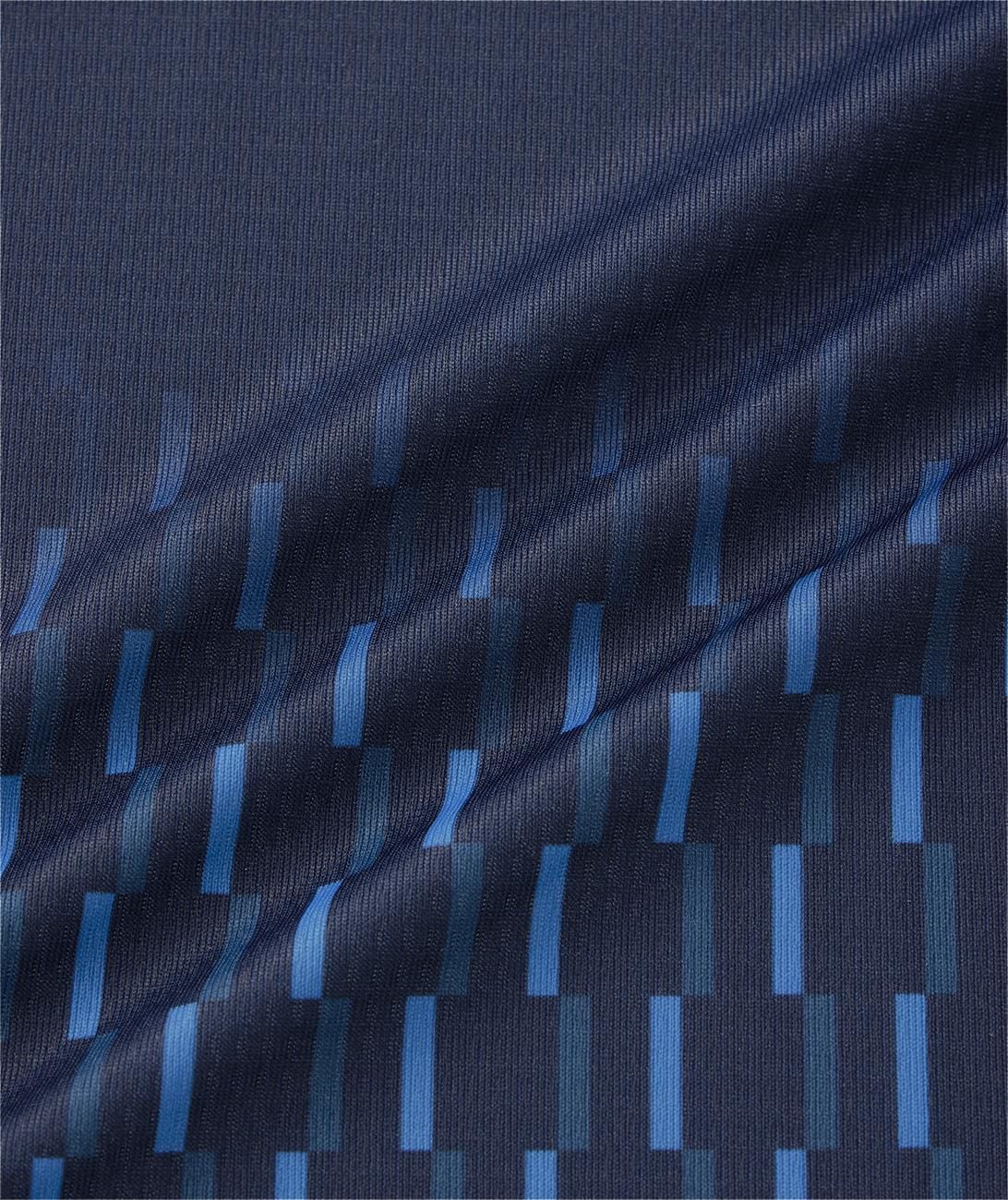 Close-up of the Yonex 10713EX Crew Neck Mens Padel T-Shirt in Dark Navy, showcasing high-performance sportswear fabric with a modern geometric pattern of vertical and diagonal blue lines for a textured look.