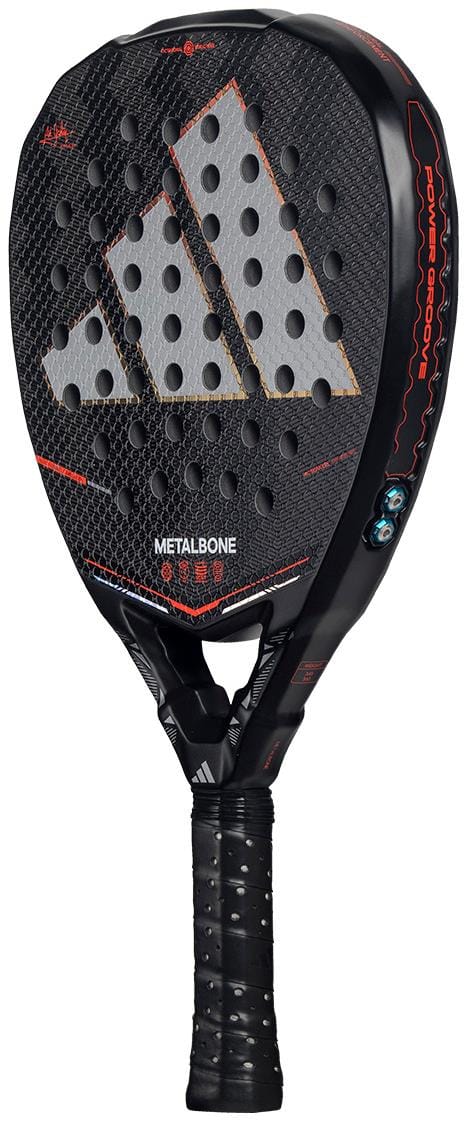 The adidas Metalbone by Ale Galán 2026 Padel Racket in black showcases a honeycomb pattern, perforated holes, large silver adidas logo, black grip tape, and bold "METALBONE" plus "POWER GROOVE" on its adjustable weight design.
