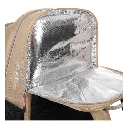 Introducing the Bullpadel Vertex 25 Padel Backpack in Stone, featuring a thermo-lined compartment to keep contents cool. This stylish and practical beige backpack is adorned with simple icon designs, perfect for your daily adventures.
