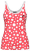 The HEAD Spirit II Womens Padel Tank Top - GIXR is a red sleeveless top featuring bold white polka dots, advanced cooling technology, a curved logo on the left chest, and white-trimmed neckline and armholes for added style.