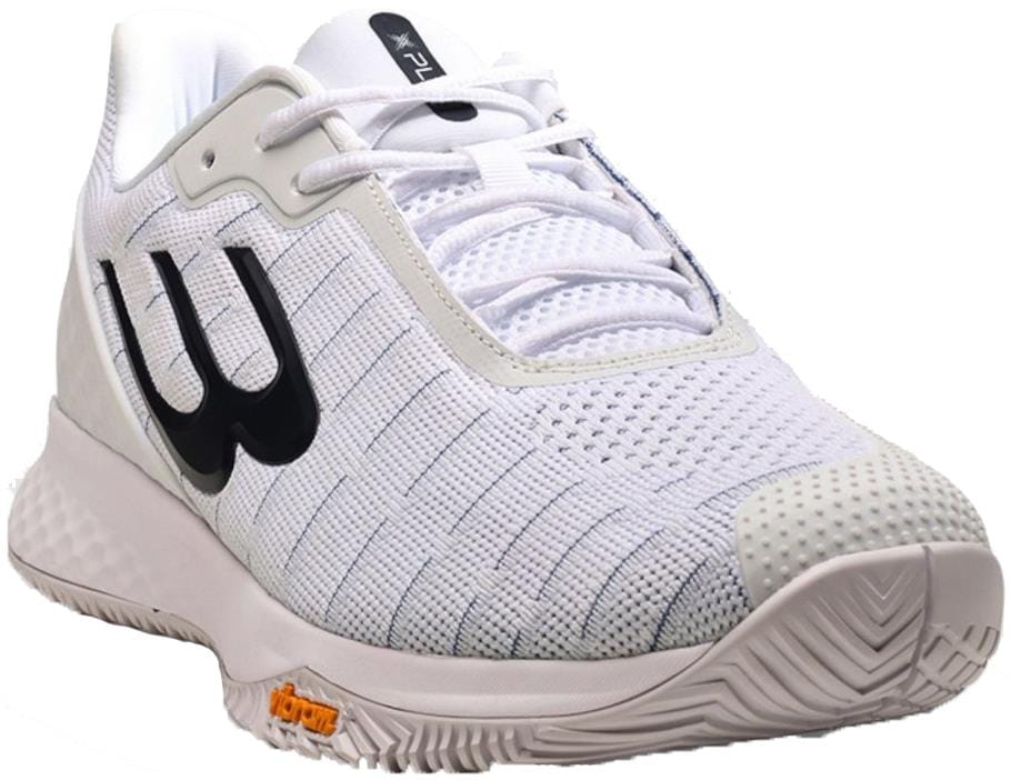The Bullpadel X-Plo Vibram 26V Men’s Padel Shoes in white feature mesh uppers, gray accents, a black side logo, orange branding near the front, textured Vibram outsole, and white laces—ideal for advanced padel players.
