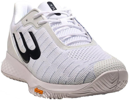 The Bullpadel X-Plo Vibram 26V Men’s Padel Shoes in white feature mesh uppers, gray accents, a black side logo, orange branding near the front, textured Vibram outsole, and white laces—ideal for advanced padel players.