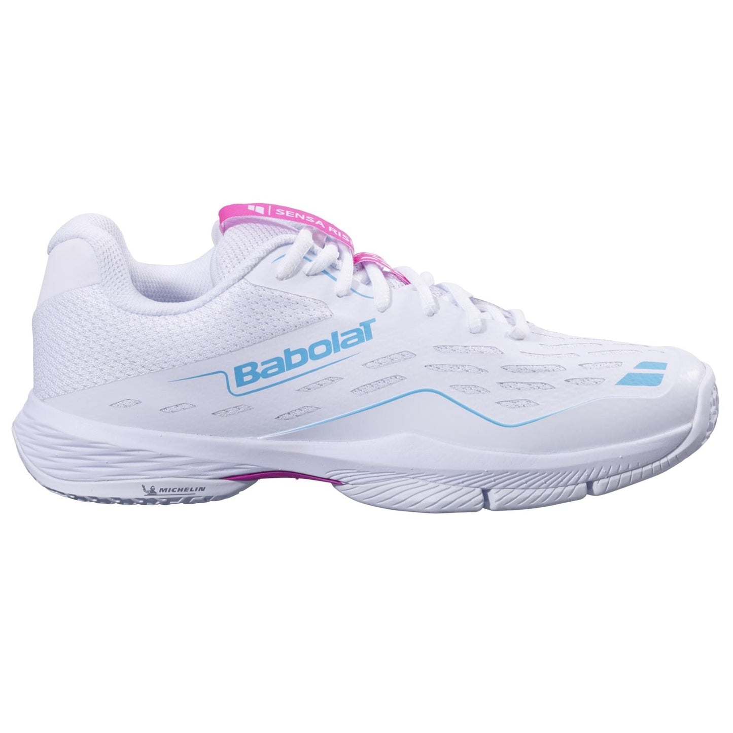 The Babolat Sensa Rise Womens Padel Shoes in White/Rhodamine Red offer stylish comfort and a textured sole, providing top athletic performance and support for active padel players on the court.