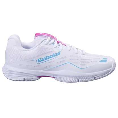 The Babolat Sensa Rise Womens Padel Shoes in White/Rhodamine Red offer stylish comfort and a textured sole, providing top athletic performance and support for active padel players on the court.