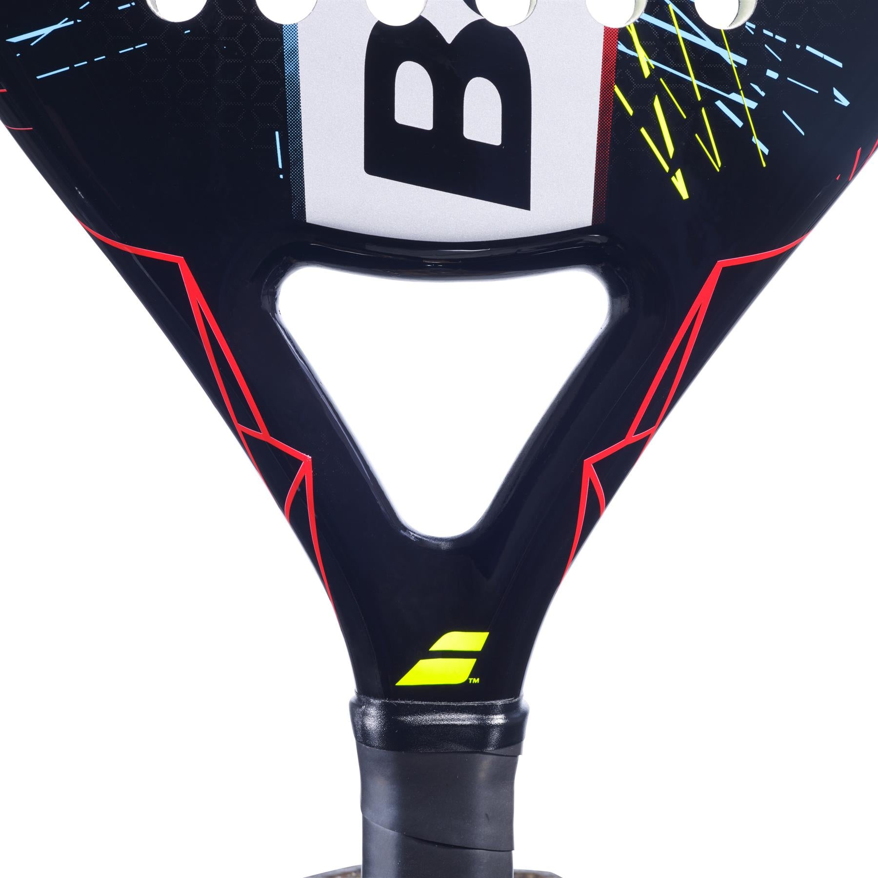 Close-up of the Babolat Viper Junior Padel Racket - Black, featuring striking red and yellow geometric designs with the iconic "B" logo visible near the top. Ideal for junior players, its handle is wrapped in black grip tape for superior comfort.