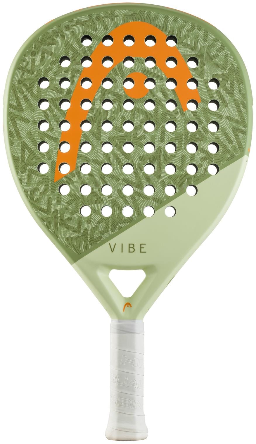 The HEAD Vibe 2026 Green / Orange Padel Racket by HEAD has a fibreglass surface, light green face with an orange logo, "VIBE" above the white grip, and multiple round holes for optimal performance.