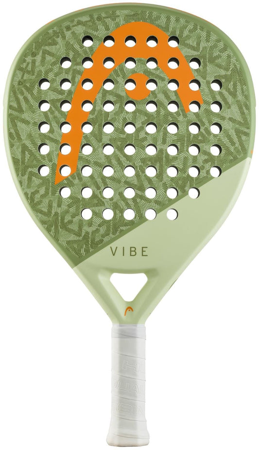 The HEAD Vibe 2026 Green / Orange Padel Racket by HEAD has a fibreglass surface, light green face with an orange logo, "VIBE" above the white grip, and multiple round holes for optimal performance.