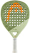The HEAD Vibe 2026 Green / Orange Padel Racket by HEAD has a fibreglass surface, light green face with an orange logo, "VIBE" above the white grip, and multiple round holes for optimal performance.