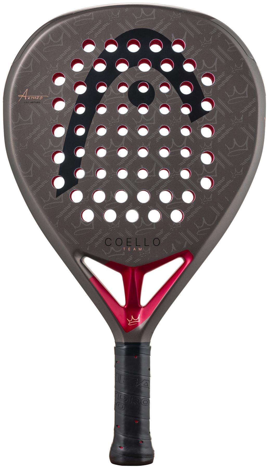 The HEAD Coello Team 2026 Padel Racket features a black and red design, perforated face, textured surface, and triangular bridge. Part of the Arturo Coello collection, it displays the HEAD logo and "COELLO" near the handle.