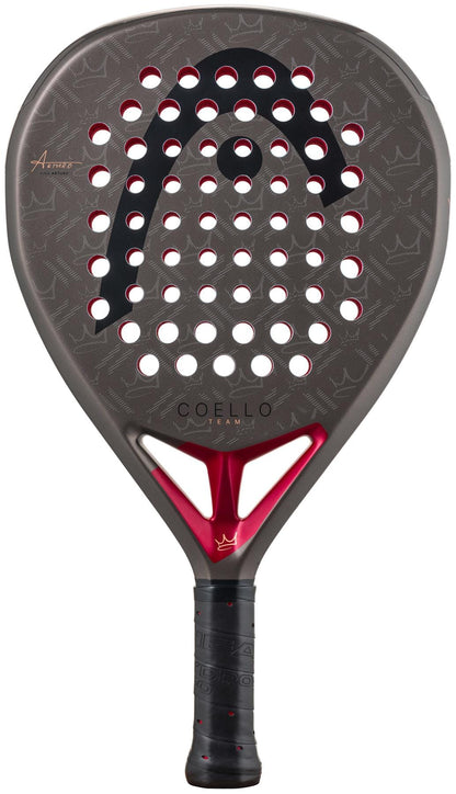 The HEAD Coello Team 2026 Padel Racket features a black and red design, perforated face, textured surface, and triangular bridge. Part of the Arturo Coello collection, it displays the HEAD logo and "COELLO" near the handle.