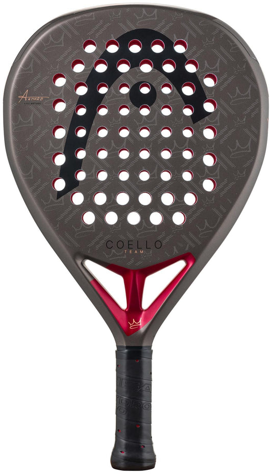 The HEAD Coello Team 2026 Padel Racket features a black and red design, perforated face, textured surface, and triangular bridge. Part of the Arturo Coello collection, it displays the HEAD logo and "COELLO" near the handle.