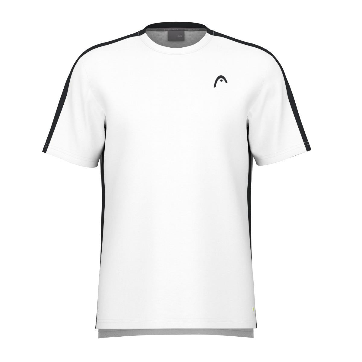 The HEAD Vision Slice Men's Padel T-Shirt in white is designed with black accents on the shoulders and sides, featuring a small black logo on the left chest. This shirt offers short sleeves, a classic crew neck, and a mesh back to enhance moisture transfer, providing all-day comfort.