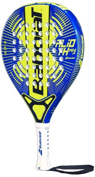 The Babolat Alioth Mini Junior Padel Racket in blue and yellow features a white handle, wrist strap, the Babolat logo, and “FALID 14 MINI JR” text on the face.