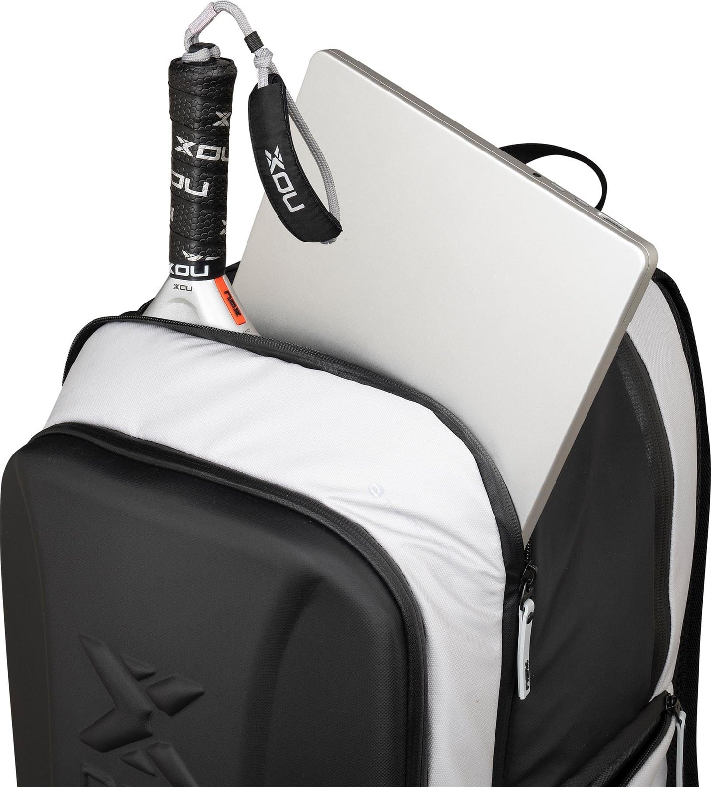 The NOX Luxury Master Series Padel Backpack - Black / White is shown unzipped, with a padel racket and a silver laptop partially visible inside the main compartment.