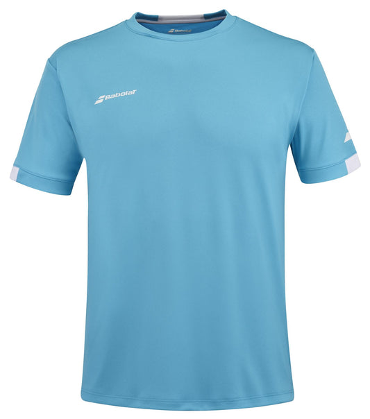 The Babolat Play Men's Crew Neck Padel T-Shirt in Cyan Blue is a sporty top made from recycled polyester. It has a crewneck design and short sleeves, featuring small white logos on the chest and sleeve. Its Fiber Dry technology ensures a simple, comfortable look ideal for athletic activities.