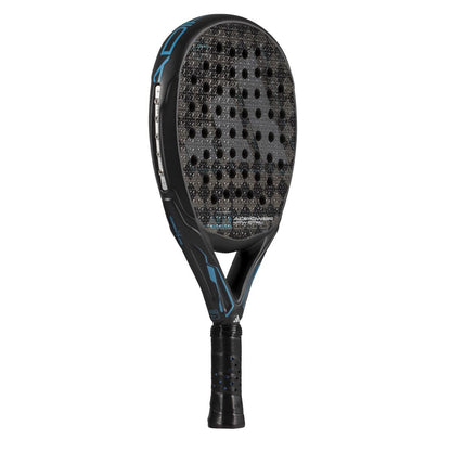 An ADIDAS Adipower Multiweight CTRL 3.4 Padel Racket in black and blue, with a perforated surface and textured handle, reminiscent of Álex Ruiz's style, is positioned vertically against a plain white background.