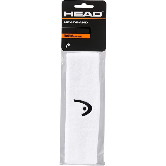 A packaged HEAD Padel Headband in white, prominently showcasing the "HEAD" brand on the top label. This headband is renowned for its superior sweat absorption and elasticity, featuring a small black stitched logo that resembles a curved line with a dot.