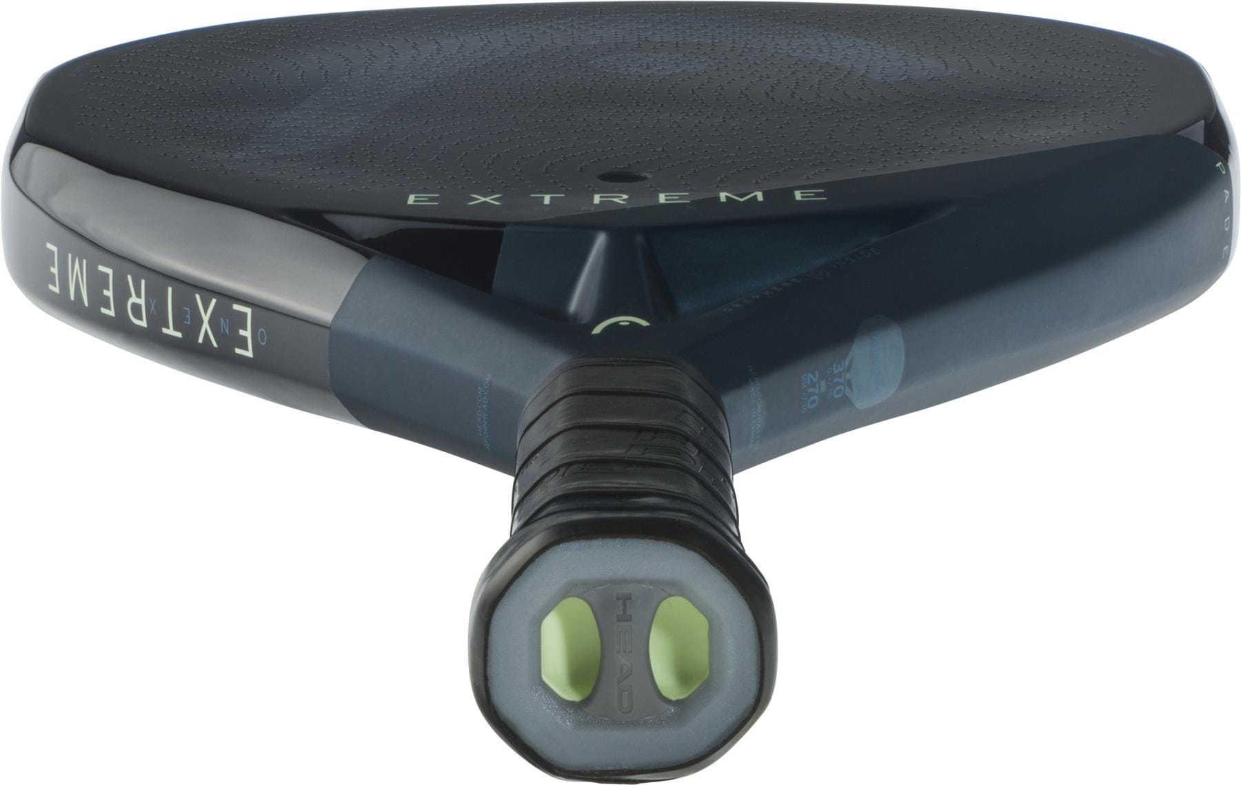 Close-up of the handle and lower frame of the HEAD Extreme One X 2025 Padel Racket in Black/Blue, highlighting its textured 12K Carbon Fibre build and distinct hexagonal grip design at the base. Brand: HEAD.