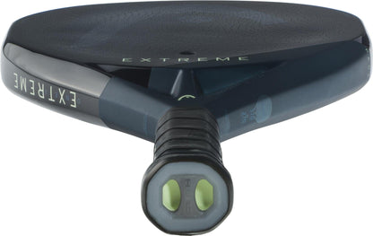 Close-up of the handle and lower frame of the HEAD Extreme One X 2025 Padel Racket in Black/Blue, highlighting its textured 12K Carbon Fibre build and distinct hexagonal grip design at the base. Brand: HEAD.