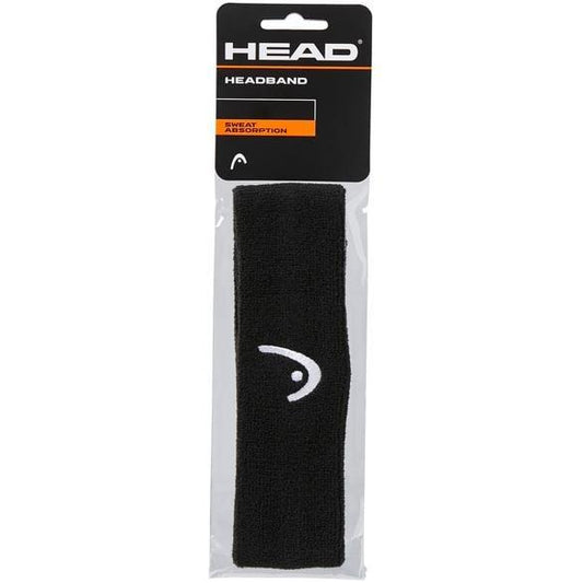 The packaging showcases the HEAD Padel Headband in black, featuring a prominent white logo and text emphasizing its superior sweat absorption and improved elasticity.