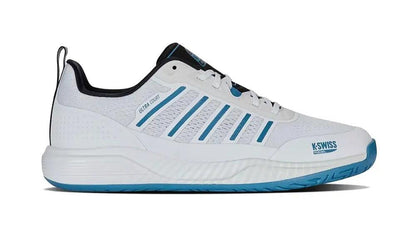 The K-Swiss Ultra Court Men's Padel Shoes in White/Black/Blue Moon are perfect for padel enthusiasts, featuring breathable mesh, blue accents, a blue sole, multiple stripes, and a pull tab on the heel to offer drag protection during intense matches.