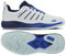 The K-Swiss Ultra Court Mens Padel Shoes in Bit Of Blue/Naval Academy/Dazzling Blue are shown from the side and bottom, featuring blue laces, striped side details, and a textured rubber sole with blue accents and K-Swiss branding.